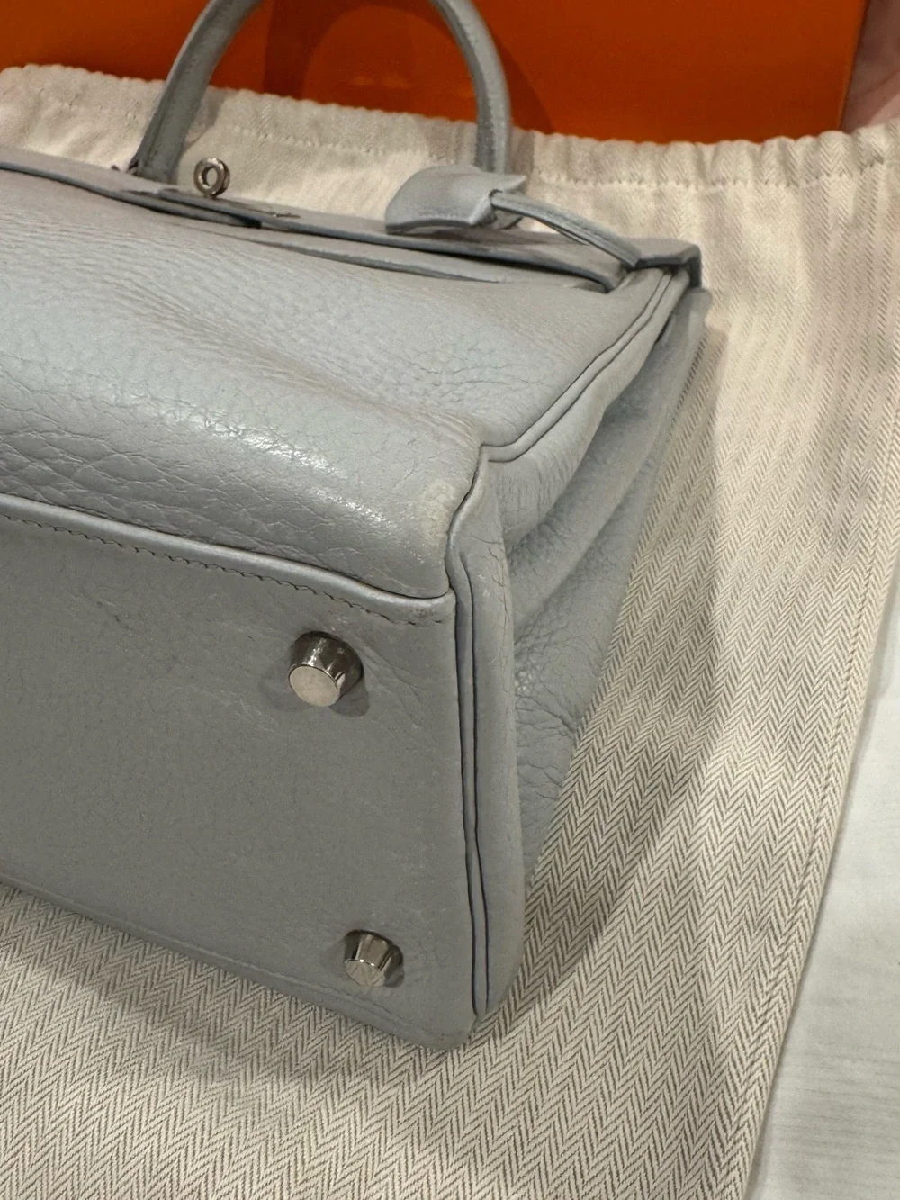HERMES KELLY 32 Light Gray Top-Handle Leather Bag with PALLADIUM Hardware